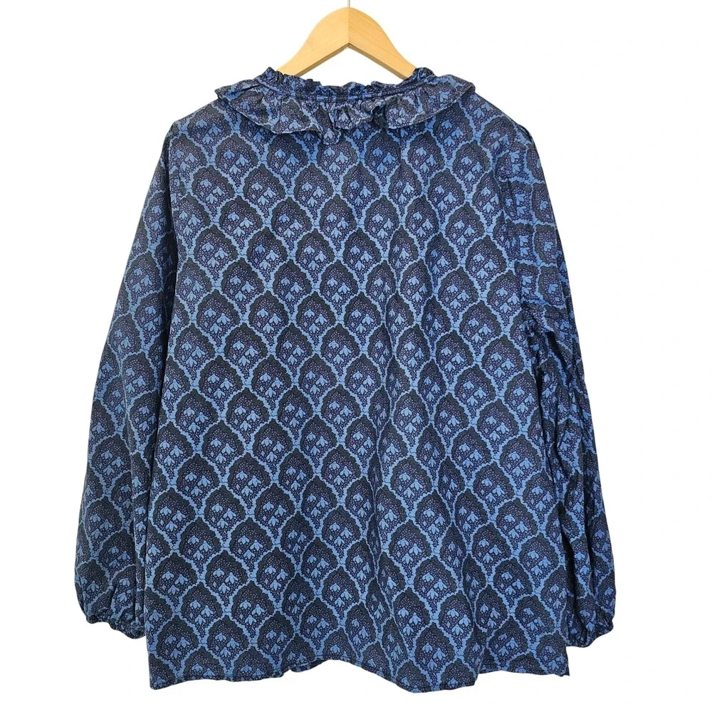 Washco‎ Blue Cotton Ruffle Long Sleeve Folk Blouse Heritage Floral Size XL - Picture 4 of 9